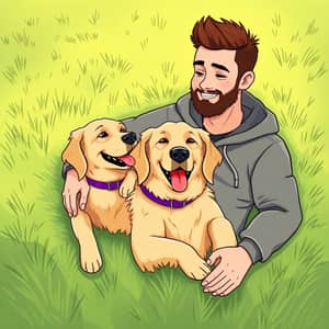 Heartwarming Cartoon of Owner and Golden Retriever