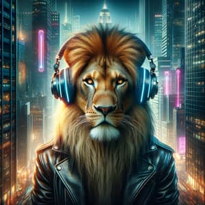 Cyberpunk Lion with Headphones: Futuristic Art