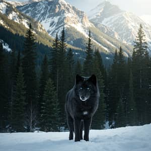 Majestic Black Wolf with Blue Eyes in Snowy Mountains