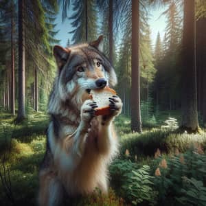 Wolf Eating Bread in a Forest Landscape