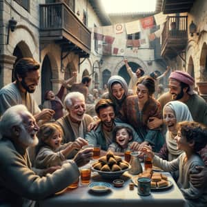 Multicultural Family Gathering Around Table with Baklava Amid Festive Crowd