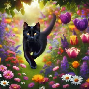 Black Cat Running in a Patch of Flowers