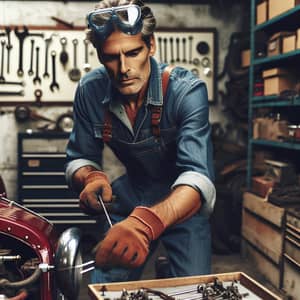 Vintage Car Dismantling by Middle-aged Man in Organized Garage