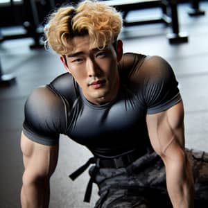 Blonde Curly-Haired Korean Man in Gym | Intense Concentration