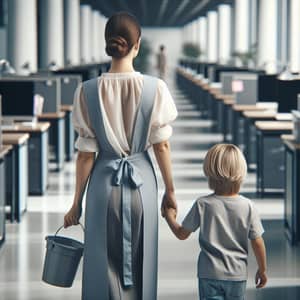 European Cleaning Lady Leading Child in Office Corridor