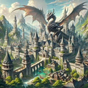 Majestic Kingdom Castle and Dragon Fantasy Art