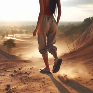 Serene Landscape: South Asian Woman Walking in Flip-Flops