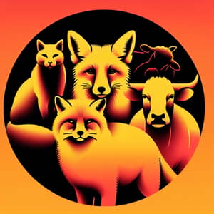 Fox, Cat, Cow, Sheep in Yellow Orange Red Gradient