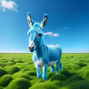 Blue Donkey in Vibrant Green Field | Majestic and Cheerful