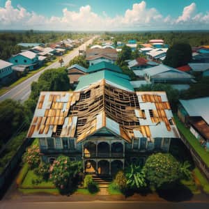 Weather-Beaten Roof in Town: A Drone's View