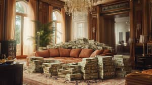 Luxury Living Room with $100 Bill Stacks in 4K