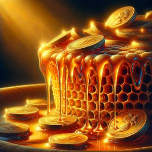 Luxurious Golden Honeycomb with Dripping Coins | Art Photography