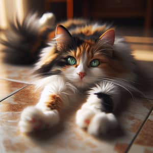 Calico Cat Stretching on Warm Tiled Floor | Tranquil Feline Scene