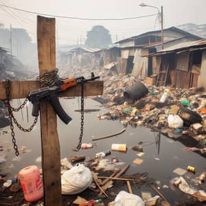 Weathered Wooden Cross with Shotgun in Slum Setting