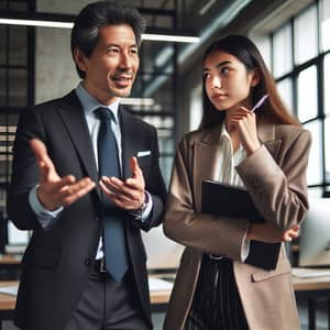 Professional Asian Male Coaching Young Hispanic Female in Modern Office Setting