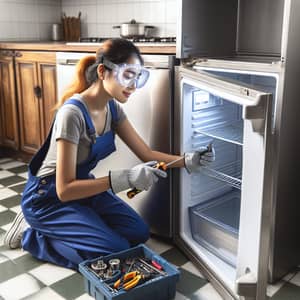 Expert Female Engineer Repairing Stainless Steel Fridge