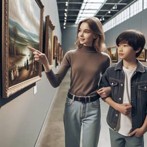 Young Girl and Boy Observing Paintings in Modern Art Gallery