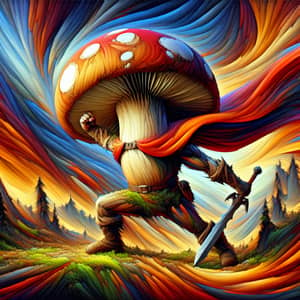 Heroic Mushroom Battling Against Evil in Fantasy Painting