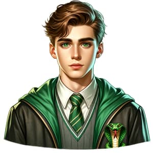 Teenage Male with Striking Green Eyes in Slytherin Uniform