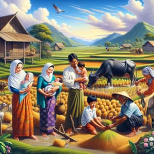 Happy Family Farming: A Colorful Rice Landscape