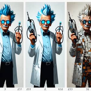 Eccentric Scientist in 3 Artistic Styles: Cartoons, Realism, Cubism