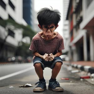 Distressed South Asian Boy on Pavement