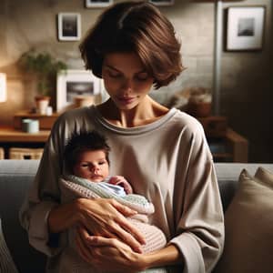 Caucasian Mother Cradling Newborn with Love | Cozy Living Room Setting