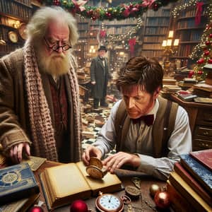 Christmas Crossover Scene in Quirky Bookstore Setting