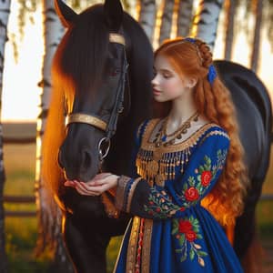 Young Russian Girl in Traditional Blue Sarafan Dress with Majestic Black Horse