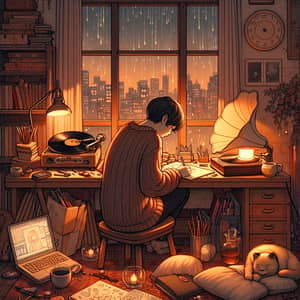 Cozy Lofi Music Vibes: Vintage Room with Rainy Cityscape