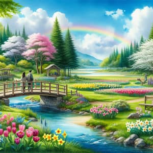 Spring Watercolor Landscape with Rainbow, River, and Bridge