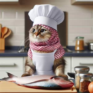 Middle-Eastern Female Cat Chef Cooking Fish Meal