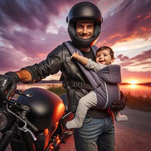 Hispanic Motorcyclist with Baby: Heartwarming Sunset Scene