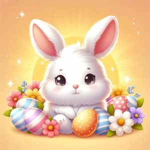 Easter Bunny: Charming White Bunny with Eggs & Flowers