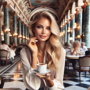 Radiant Italian Woman Enjoying Coffee in Stylish Cafe