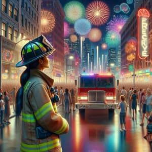 Vibrant City Street Scene with Diverse Crowd, Fireworks, and Firefighter