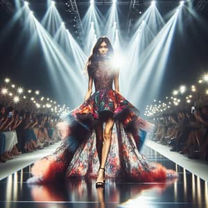 South-Asian Female Model in Vibrant Cascading Design on Runway