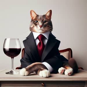 Professional Cat in Business Attire Sipping Wine | Elegant Feline Image