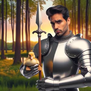 Hispanic Male Knight Guarding Duck in Silver Armor