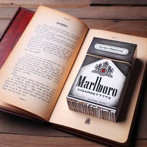 Vintage Book Open on Wooden Table with Marlboro Illustration