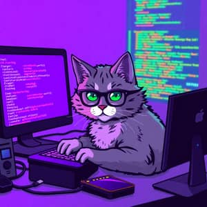 Nerdy Cat Coding in a Purple Themed World