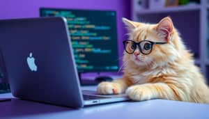 Nerdy Cat Coding on Apple Laptop