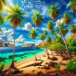 Tropical Scene of Komodo Island: Lush Palm Trees & Azure Ocean Views