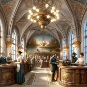 Magical European Bank Interior with Diverse Interaction