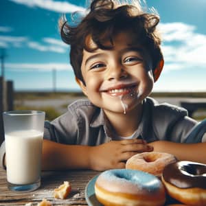 Young Hispanic Boy Enjoying Donut Outdoors