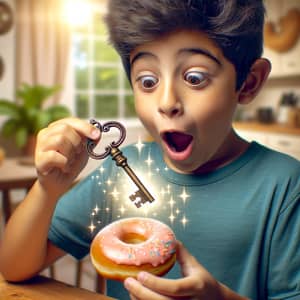 Young Hispanic Boy Surprised by Magical Key in Donut