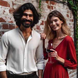 Diverse Couple Laughing Together Against Brick Wall Background