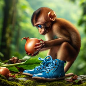 Curious Monkey with Onion and Blue Shoes in Jungle