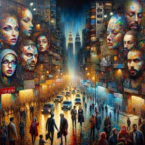 Urban Scene Oil Painting: City Streets at Night