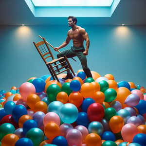 Colorful Balloons Display: Shirtless Hispanic Man on Chair